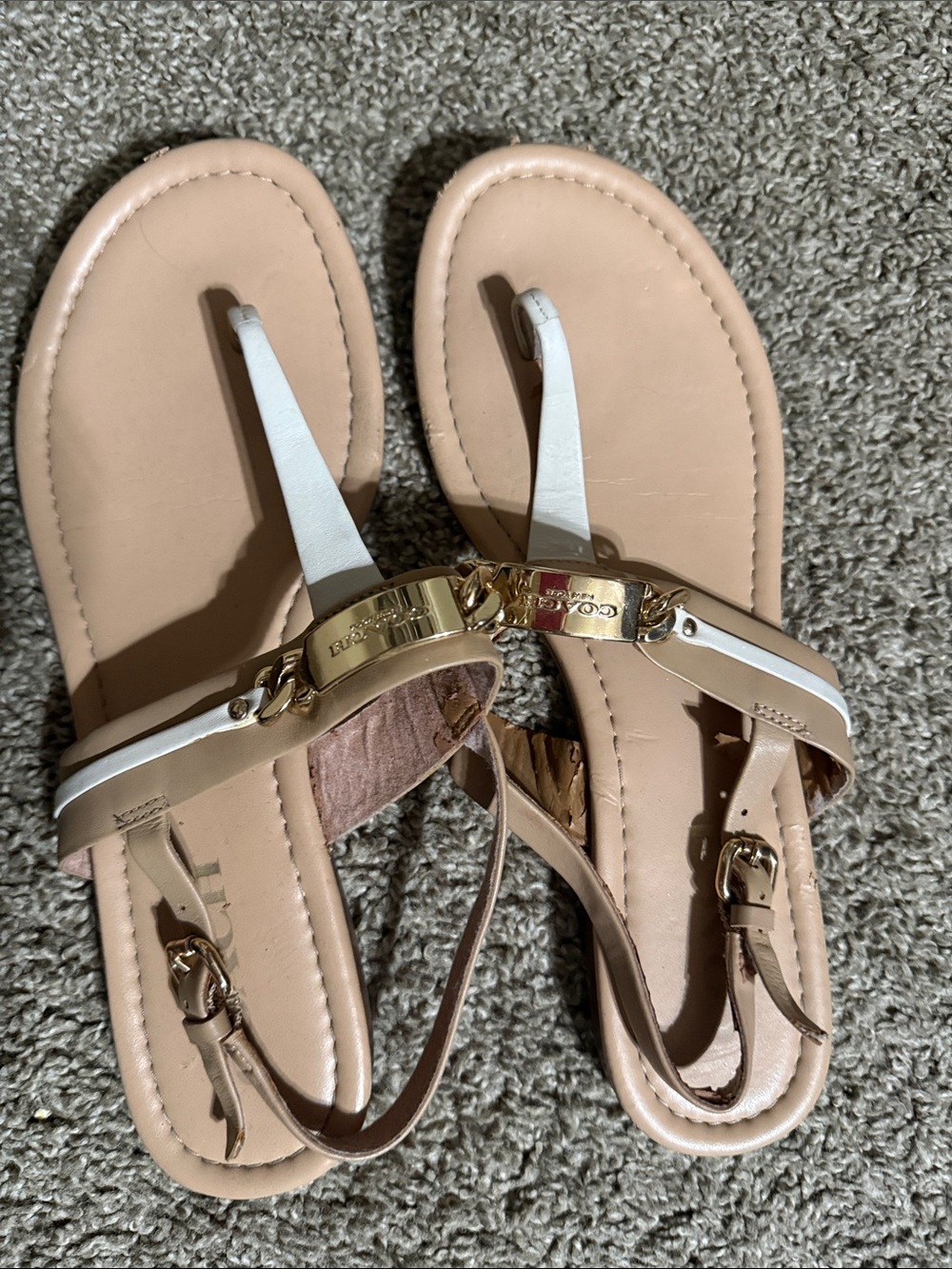 Coach Beige and White Thong Sandals with Gold Chain Accent